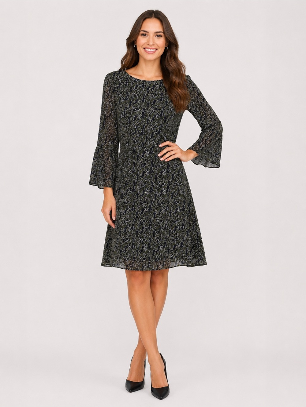 Banana Republic Black and Olive Bell-Sleeve Mini Dress Size 8